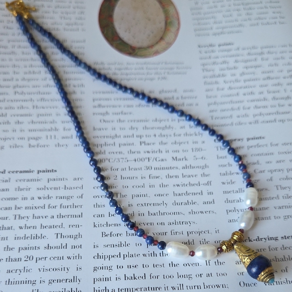 Real Lapis Lazuli Bead Necklace With Gold Pendant -Handcraft/  Boho Style - Picture 3 of 12
